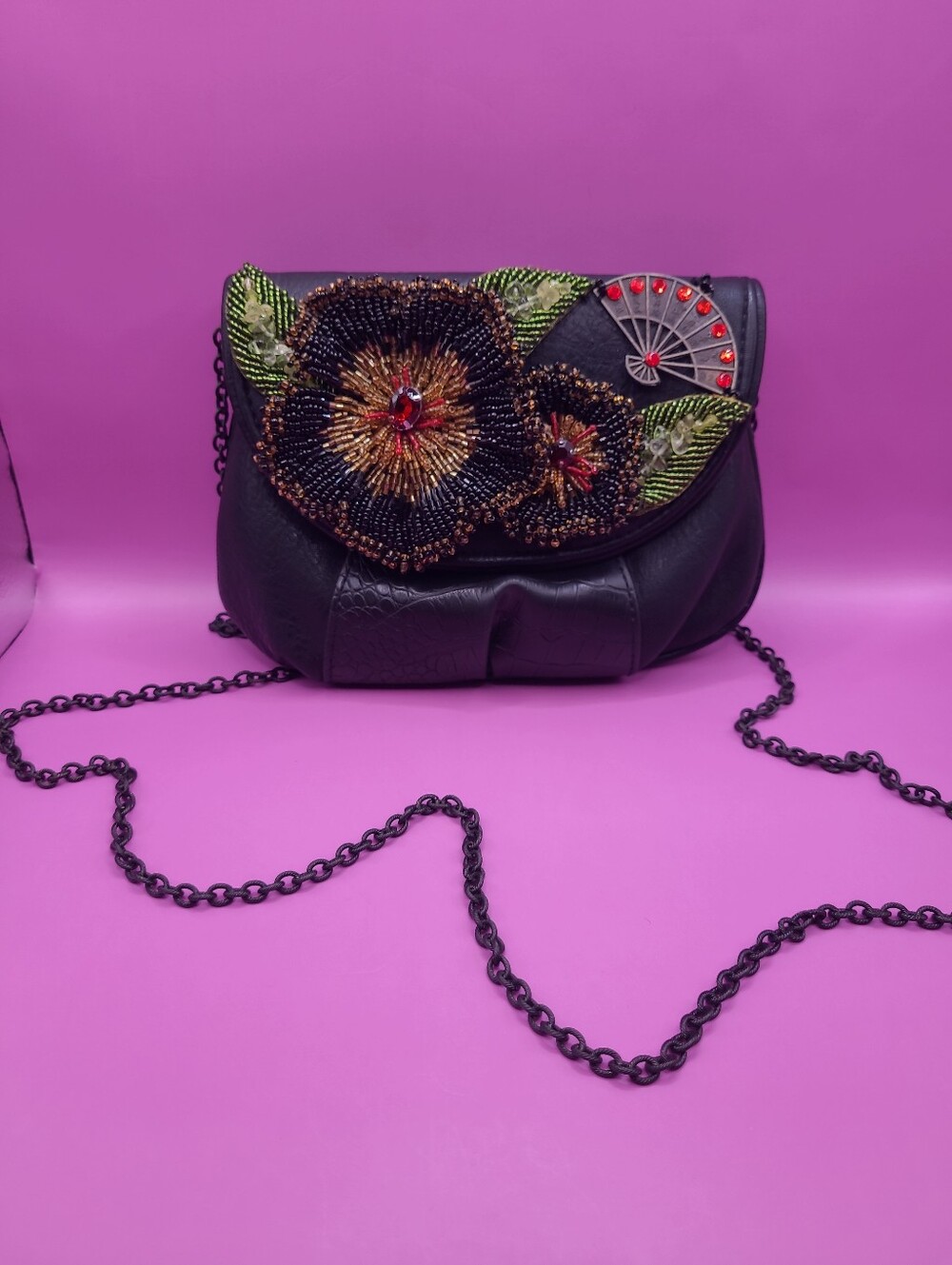 Vintage Mary Frances Black Leather Crossbody Purse Beaded Flowers Metal Chain - Picture 2 of 13